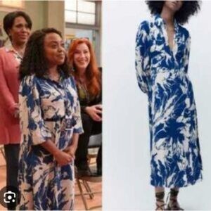 Zara Cream and Blue Patterned Dress XL